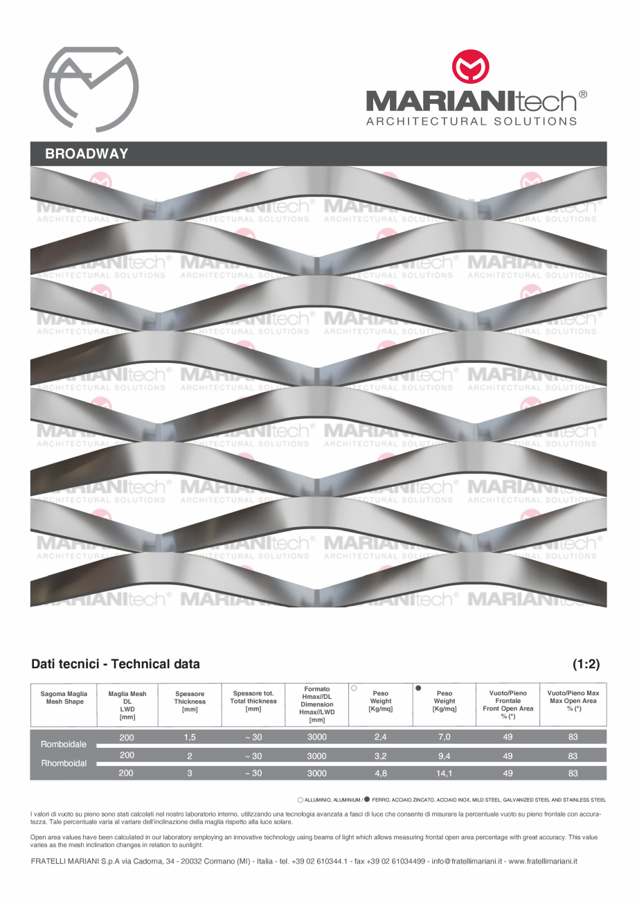 Pagina 1-Plasa metalica expandata BROADWAY MARIANITECH® MARIANItech® Fisa tehnica Engleza, Italiana...