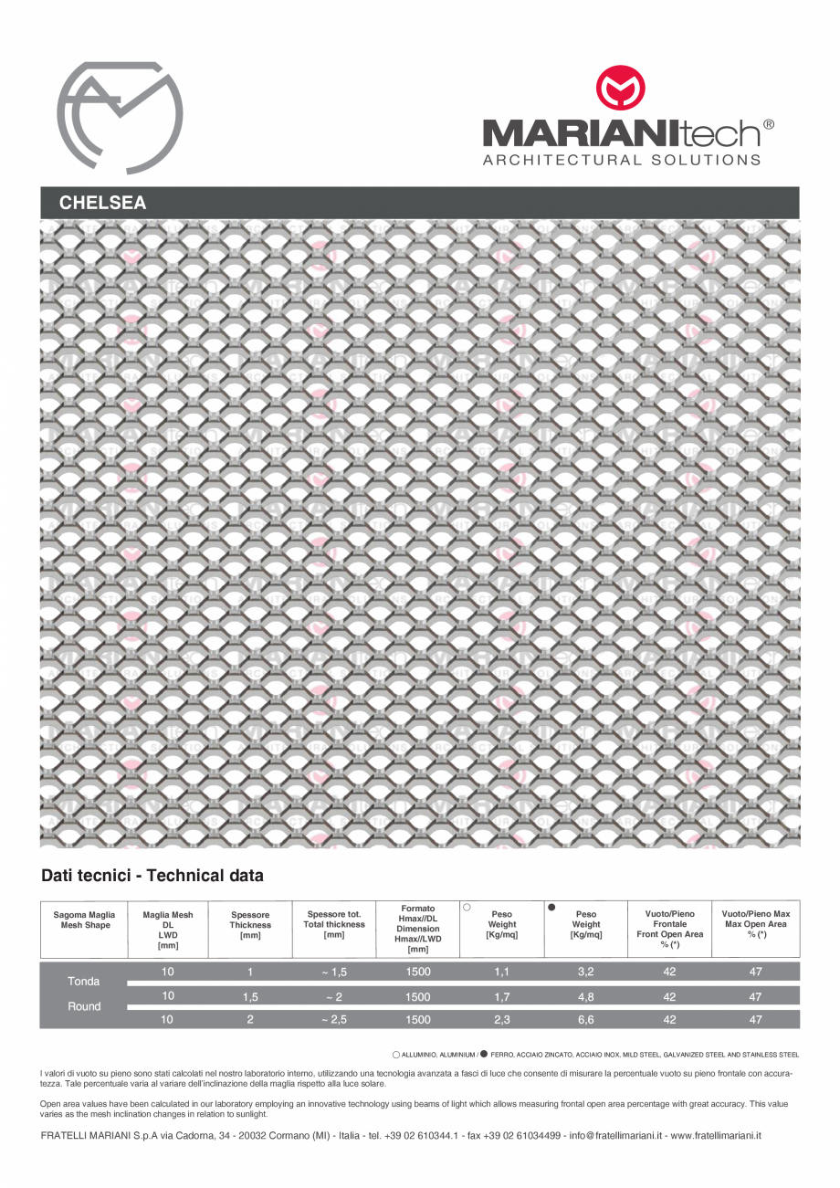 Pagina 1-Plasa metalica expandata CHELSEA MARIANITECH® MARIANItech® Fisa tehnica Engleza, Italiana...