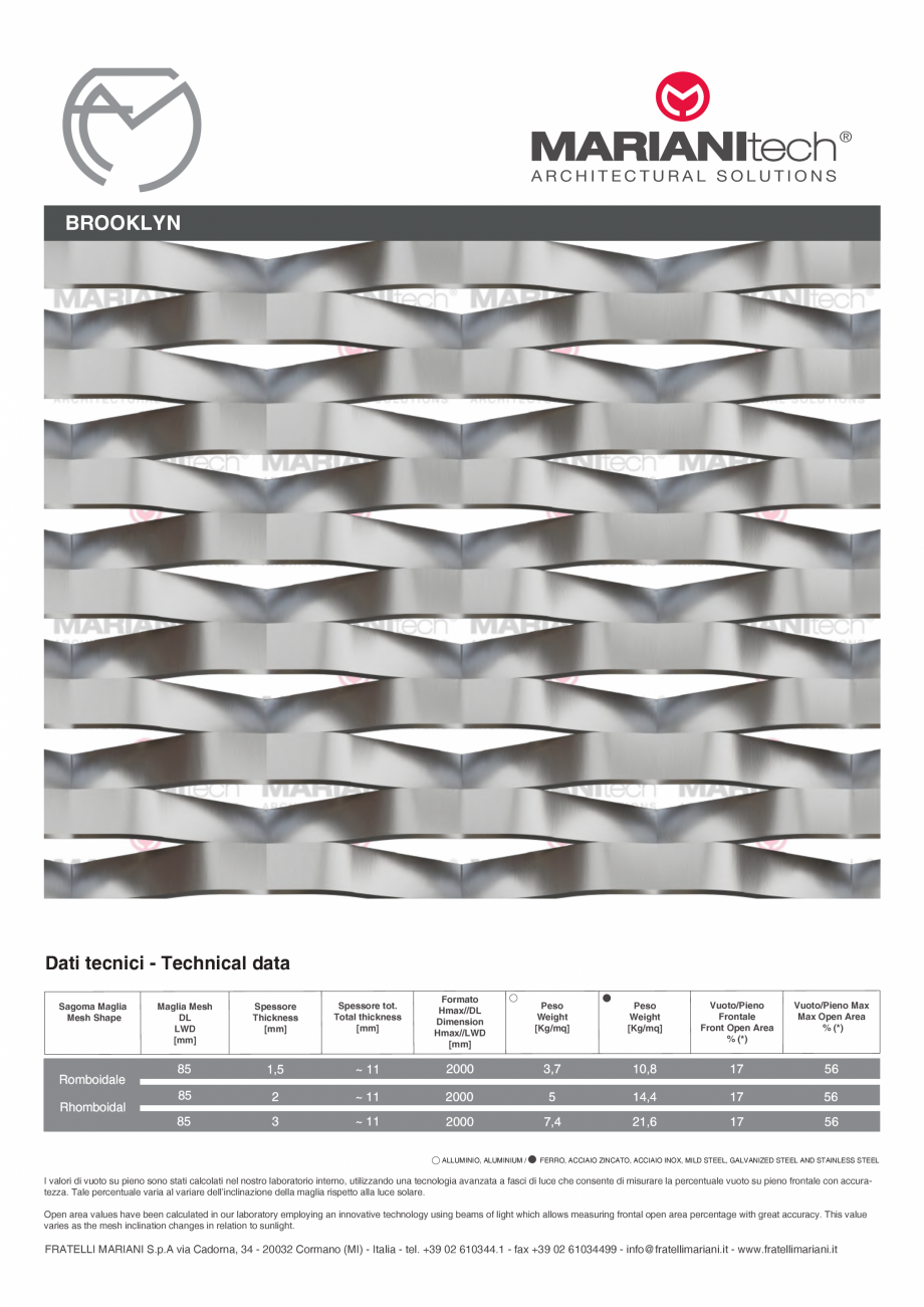 Pagina 1-Plasa metalica expandata BROOKLYN MARIANITECH® MARIANItech® Fisa tehnica Engleza, Italiana...