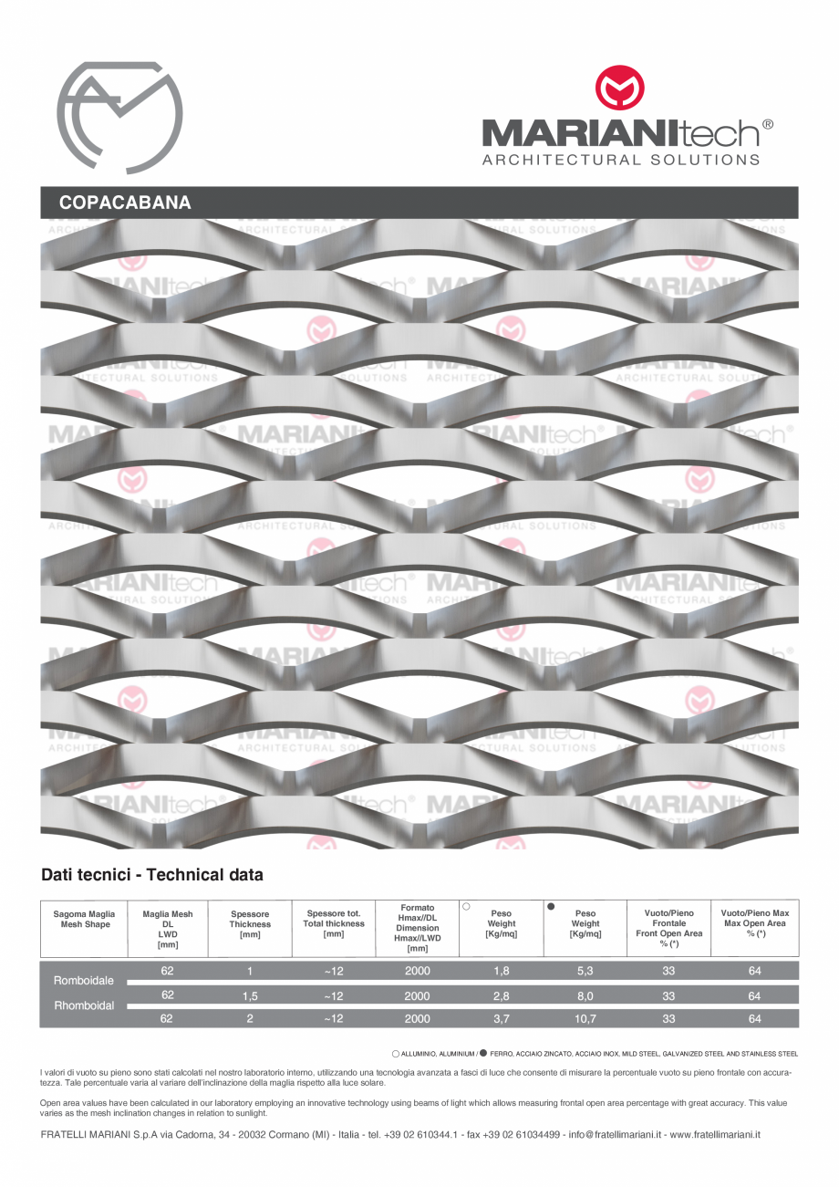 Pagina 1-Plasa metalica expandata COPACABANA MARIANITECH® MARIANItech® Fisa tehnica Engleza, Italiana...