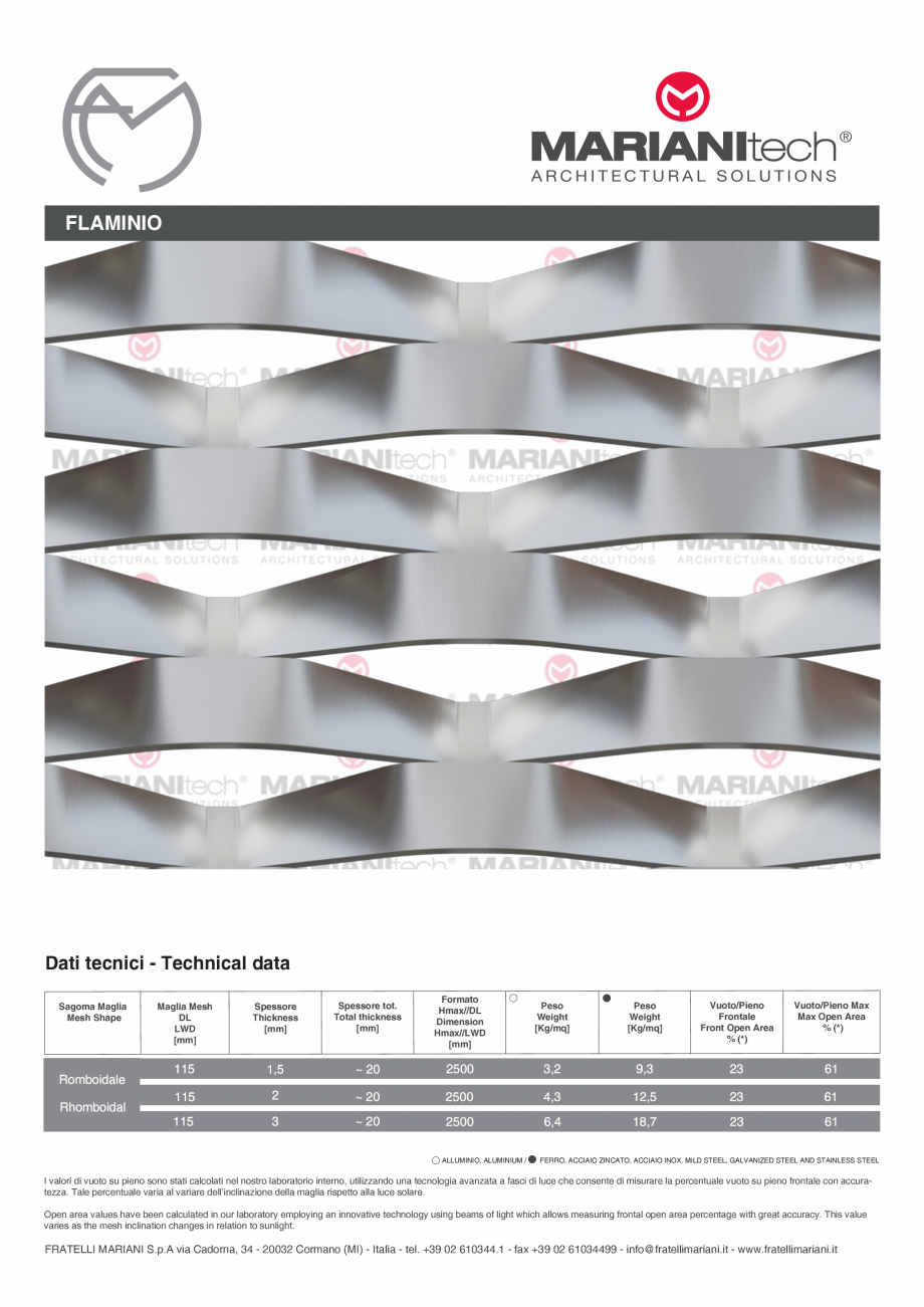 Pagina 1-Plasa metalica expandata FLAMINIO MARIANITECH® MARIANItech® Fisa tehnica Engleza, Italiana...