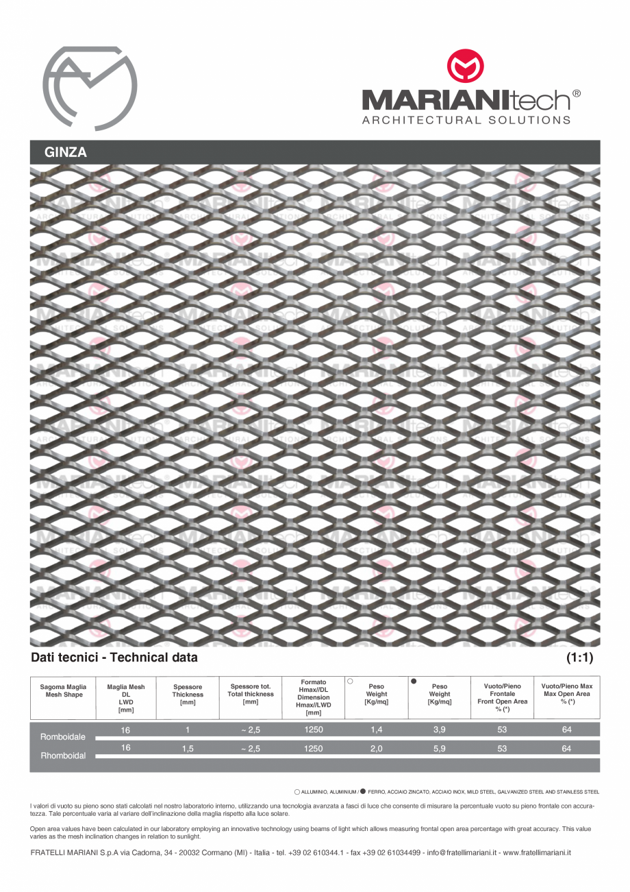 Pagina 1-Plasa metalica expandata GINZA MARIANITECH® Fisa tehnica Engleza, Italiana MARIANItech

®
...