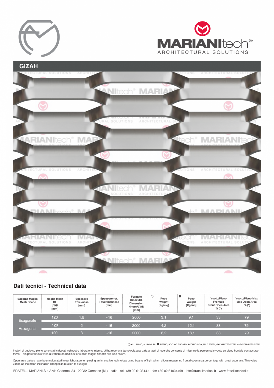 Pagina 1-Plasa metalica expandata GIZAH MARIANITECH® MARIANItech® Fisa tehnica Engleza, Italiana...