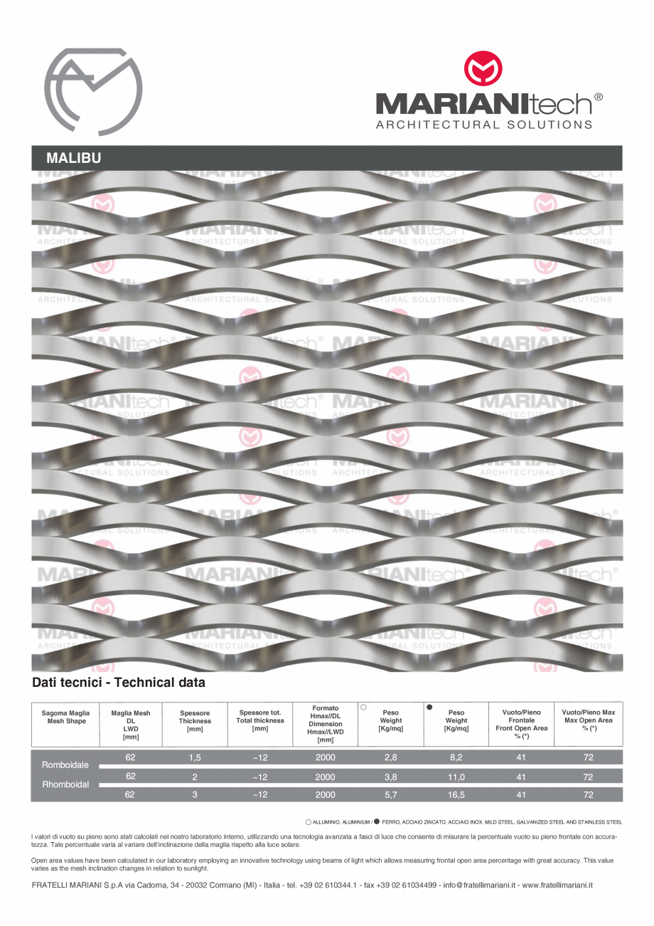Pagina 1-Plasa metalica expandata MALIBU MARIANITECH® MARIANItech® Fisa tehnica Engleza, Italiana...