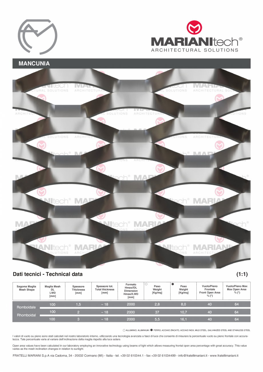Pagina 1-Plasa metalica expandata MANCUNIA MARIANITECH® MARIANItech® Fisa tehnica Engleza, Italiana...