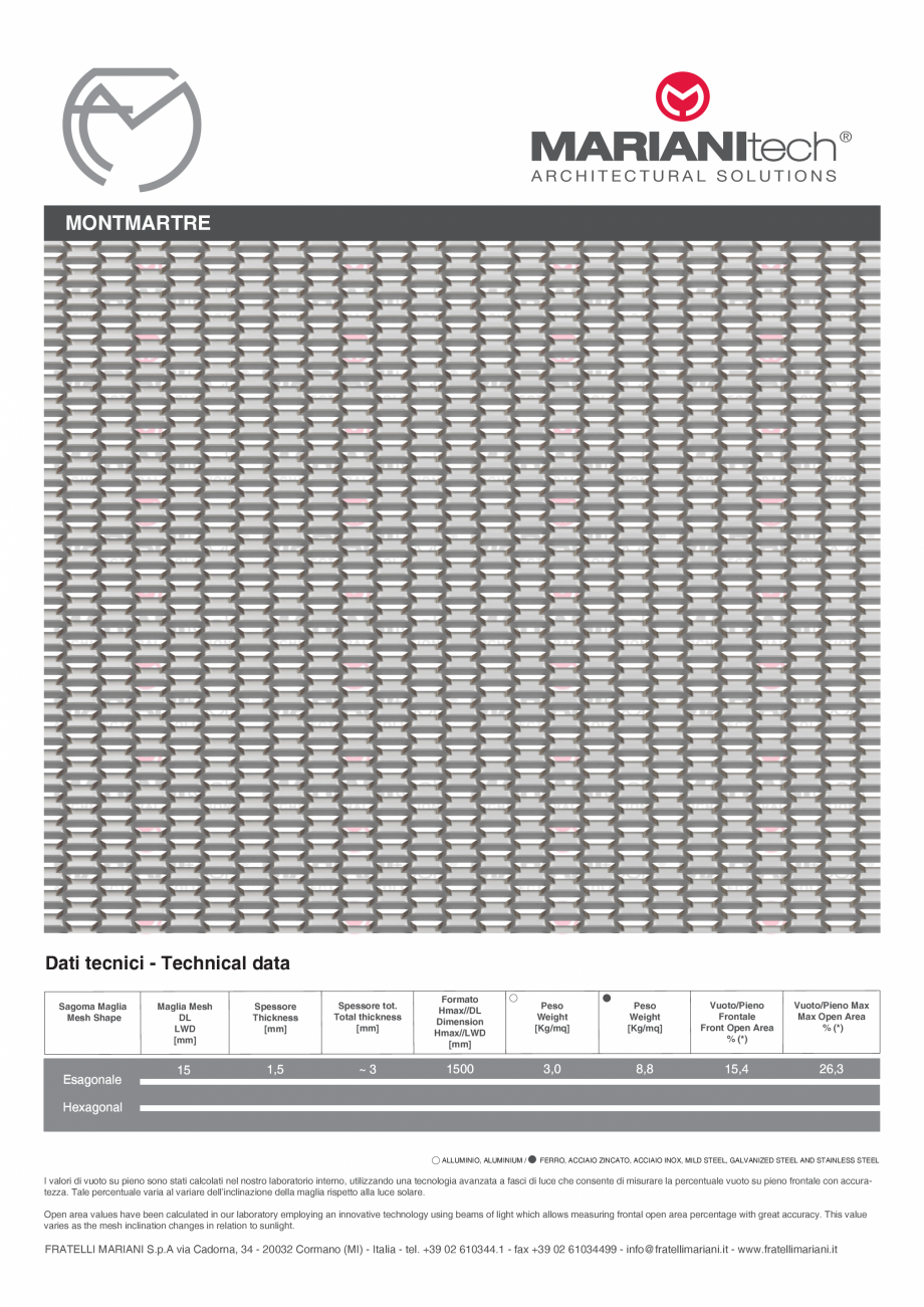 Pagina 1-Plasa metalica expandata MONTMARTRE MARIANITECH® MARIANItech® Fisa tehnica Engleza, Italiana...
