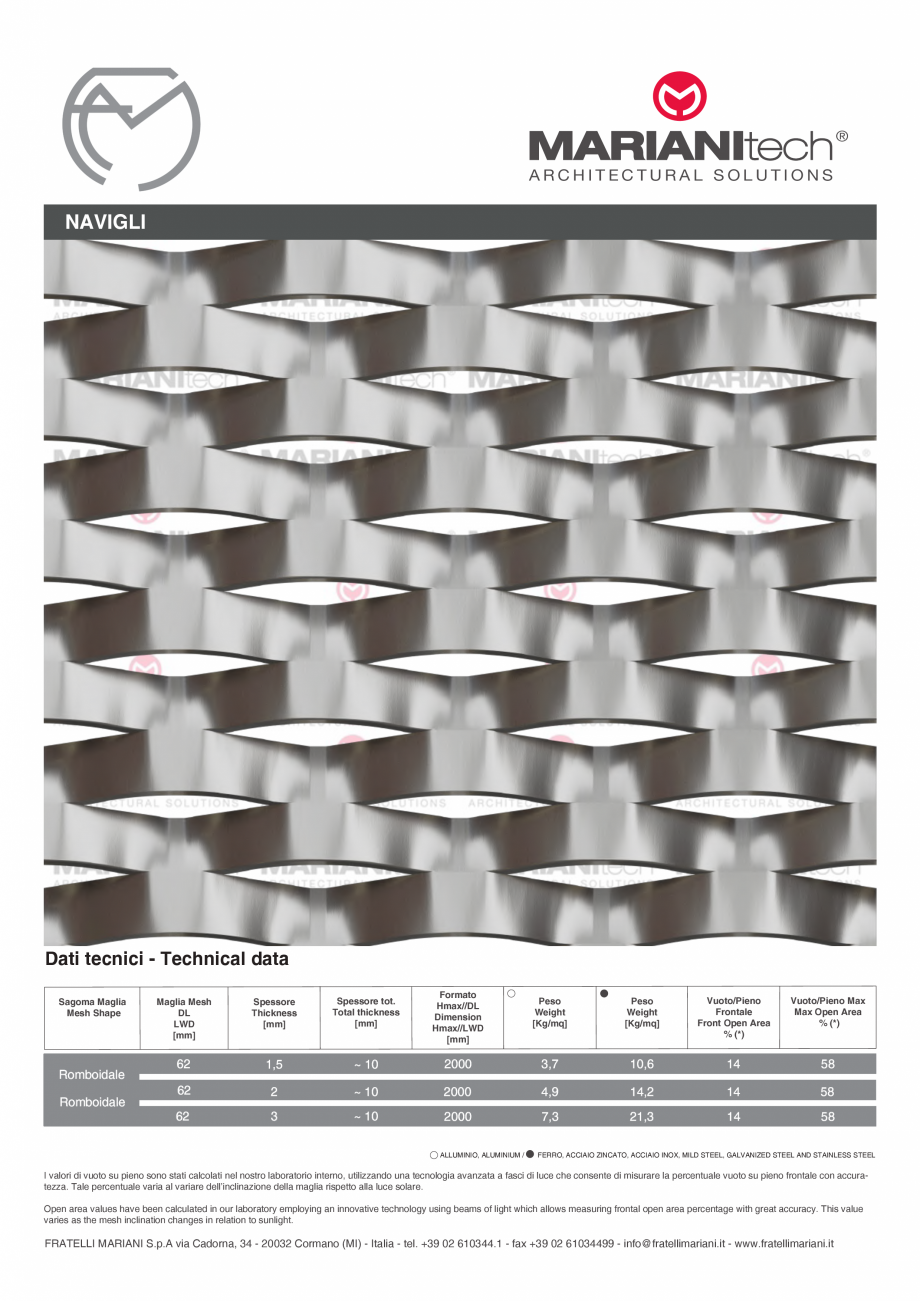 Pagina 1-Plasa metalica expandata NAVIGLI MARIANITECH® MARIANItech® Fisa tehnica Engleza, Italiana...