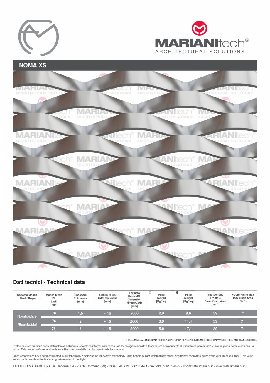 Pagina 1-Plasa metalica expandata NOMA XS MARIANITECH® MARIANItech® Fisa tehnica Engleza, Italiana...