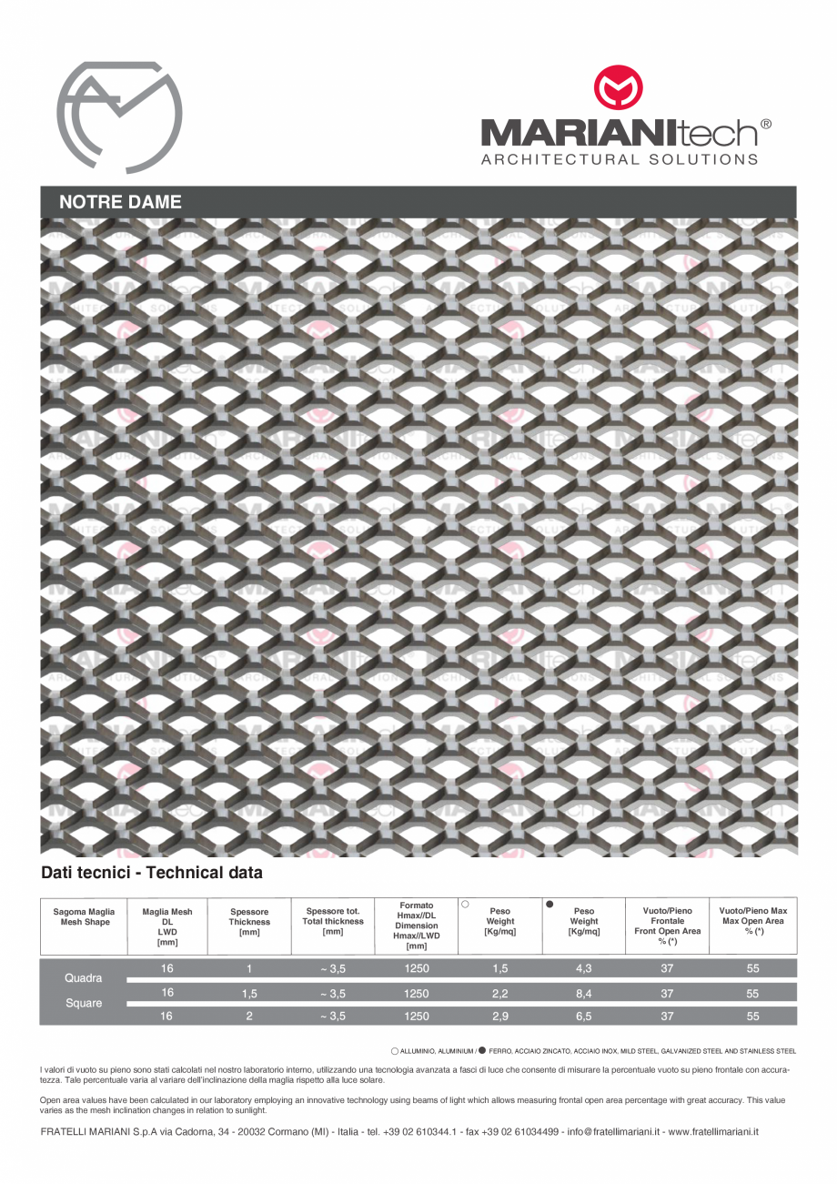 Pagina 1-Plasa metalica expandata  NOTRE DAME MARIANITECH® MARIANItech® Fisa tehnica Engleza,...