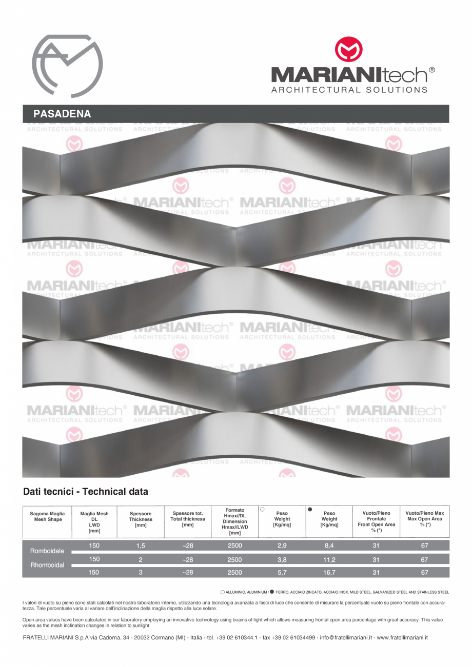 Pagina 1-Plasa metalica expandata PASADENA MARIANITECH® MARIANItech® Fisa tehnica Engleza, Italiana...