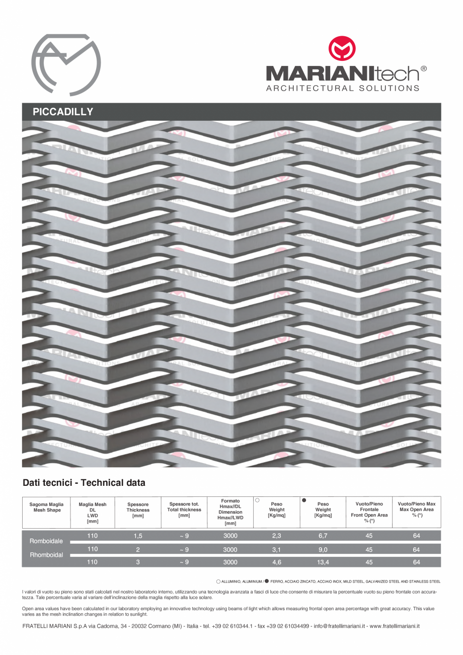 Pagina 1-Plasa metalica expandata PICCADILLY MARIANITECH® MARIANItech® Fisa tehnica Engleza, Italiana...