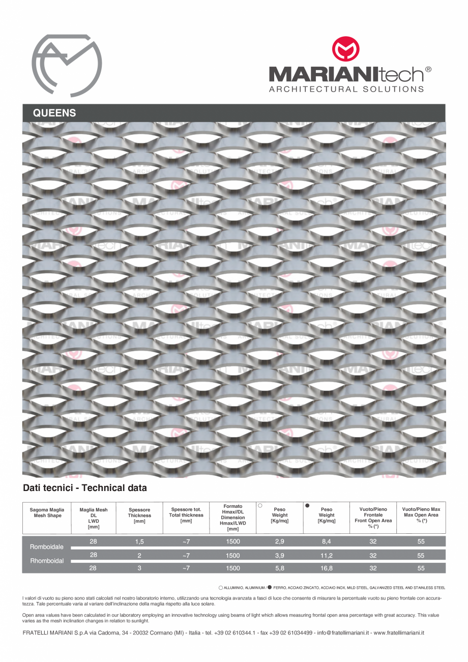 Pagina 1-Plasa metalica expandata QUEENS MARIANITECH® MARIANItech® Fisa tehnica Engleza, Italiana...