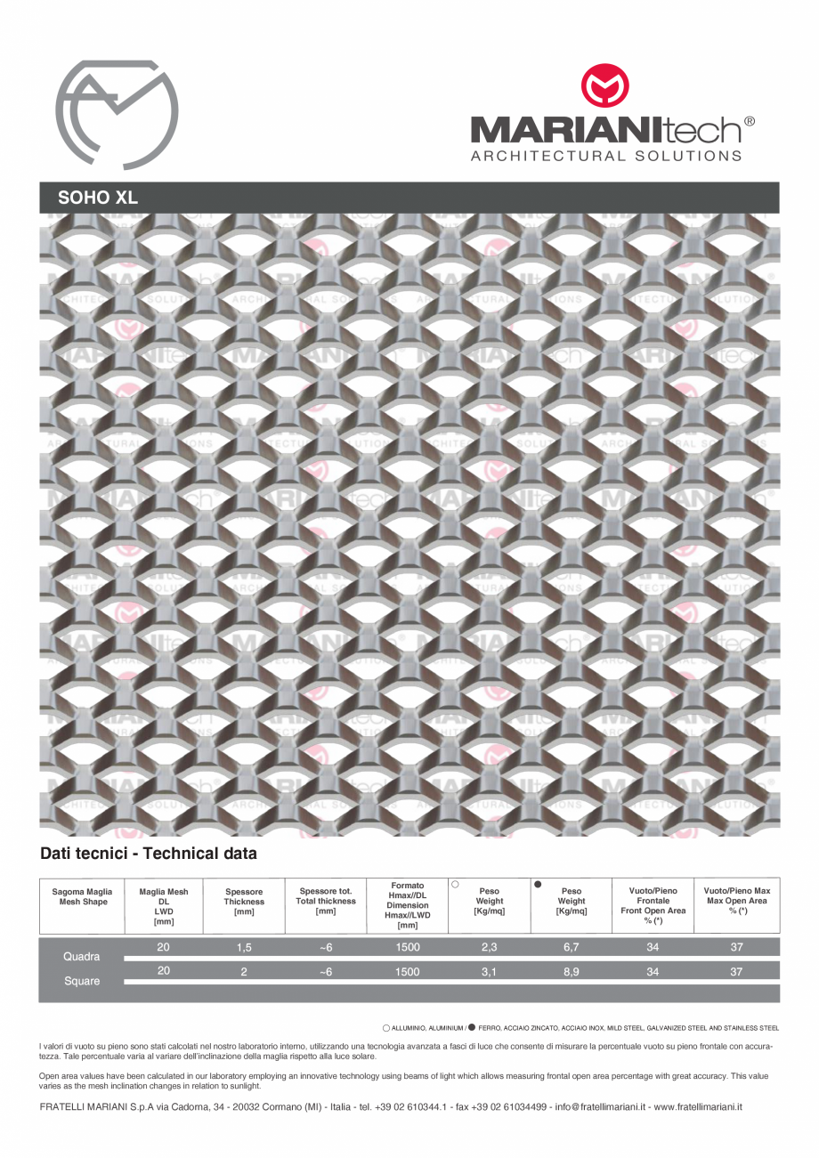 Pagina 1-Plasa metalica expandata SOHO XL MARIANITECH® MARIANItech® Fisa tehnica Engleza, Italiana...