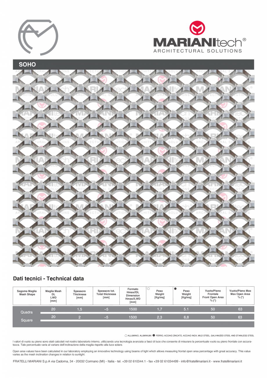Pagina 1-Plasa metalica expandata SOHO MARIANITECH® MARIANItech® Fisa tehnica Engleza, Italiana...