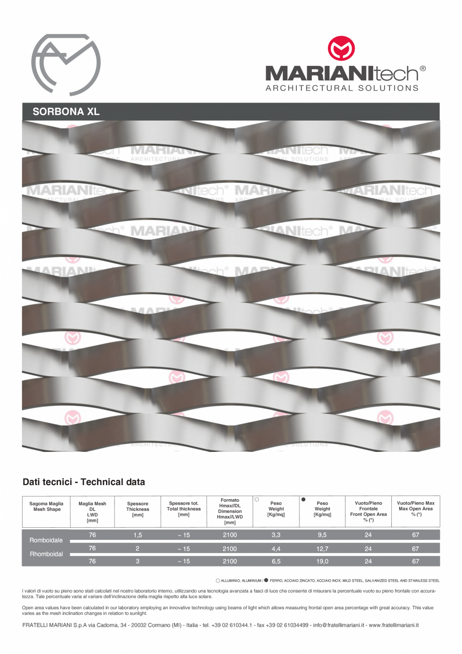Pagina 1-Plasa metalica expandata SORBONA XL MARIANITECH® MARIANItech® Fisa tehnica Engleza, Italiana...