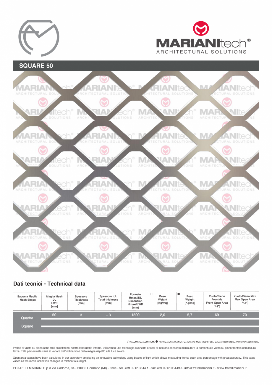 Pagina 1-Plasa metalica expandata SQUARE 50 MARIANITECH® MARIANItech® Fisa tehnica Engleza, Italiana ...