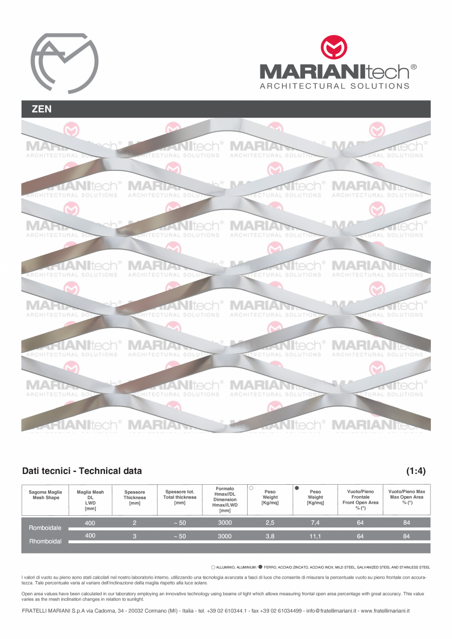 Pagina 1-Plasa metalica expandata ZEN MARIANITECH® MARIANItech® Fisa tehnica Engleza, Italiana...