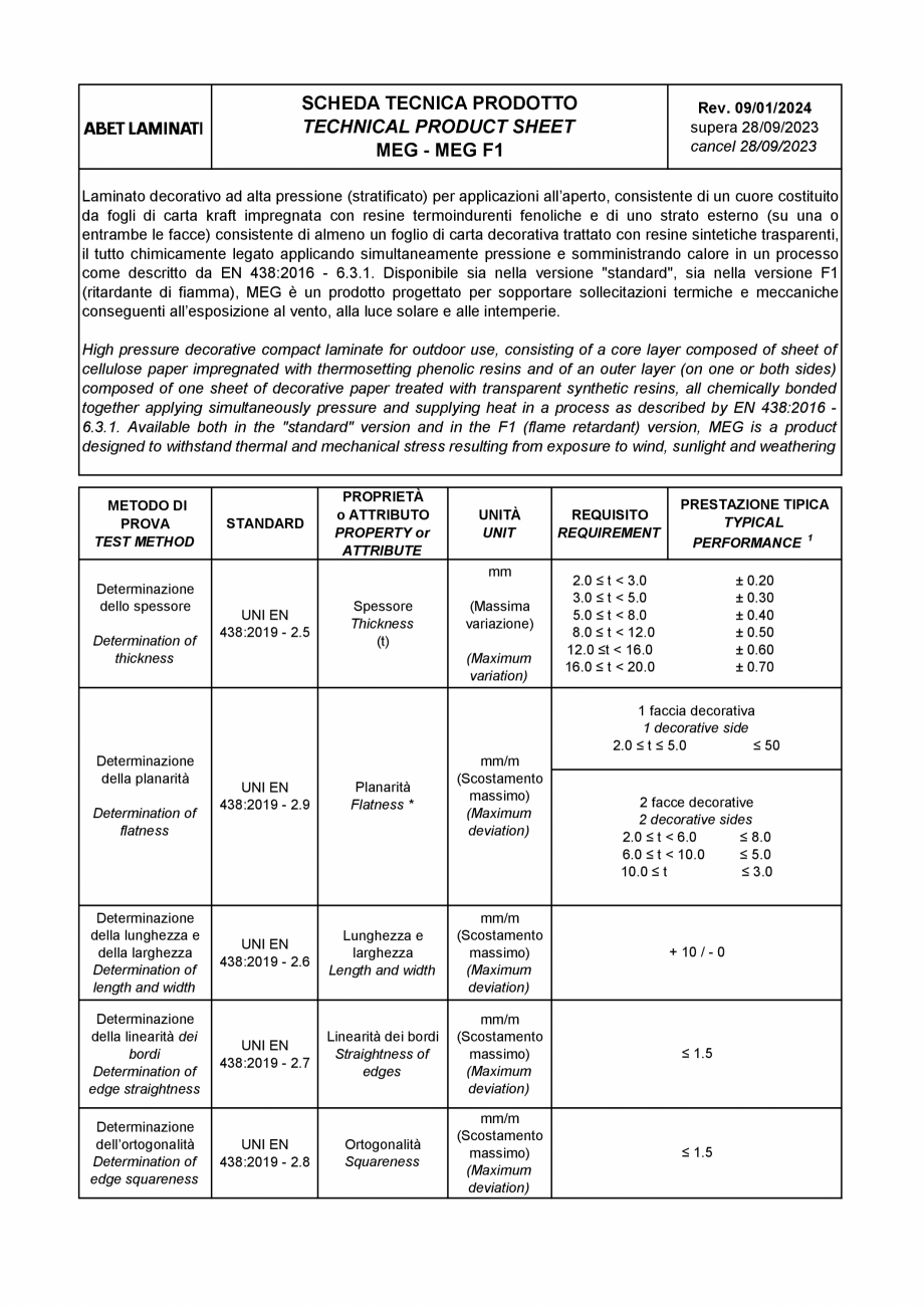 Pagina 1-Placi HPL compact fatade MEG ABET LAMINATI Fisa tehnica Engleza SCHEDA TECNICA PRODOTTO
TECHNICAL...