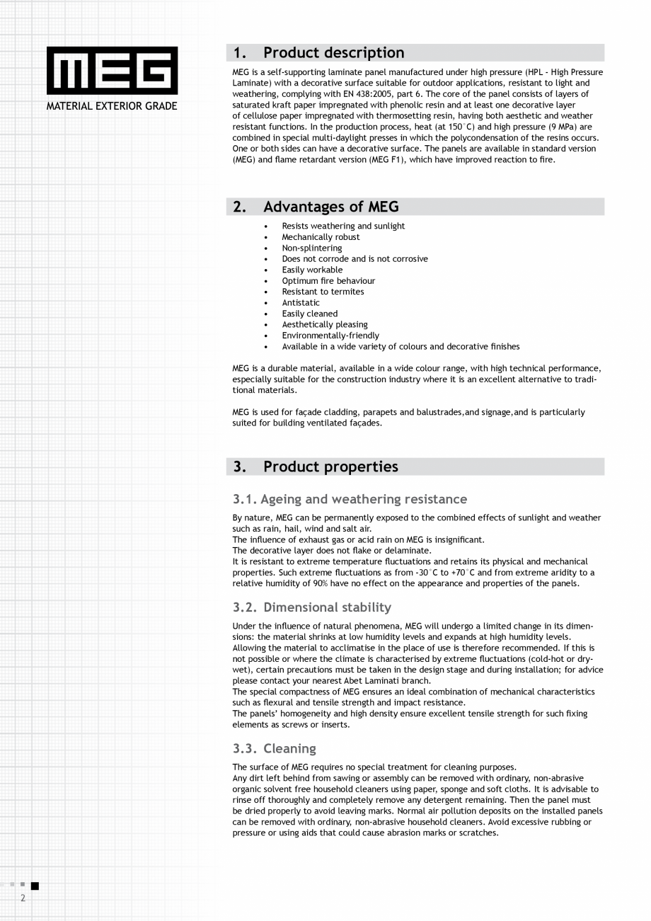 Pagina 4-Placi HPL compact fatade MEG_GEPLAST ABET LAMINATI Specificații tehnice Engleza , heat (at 150°C) ...