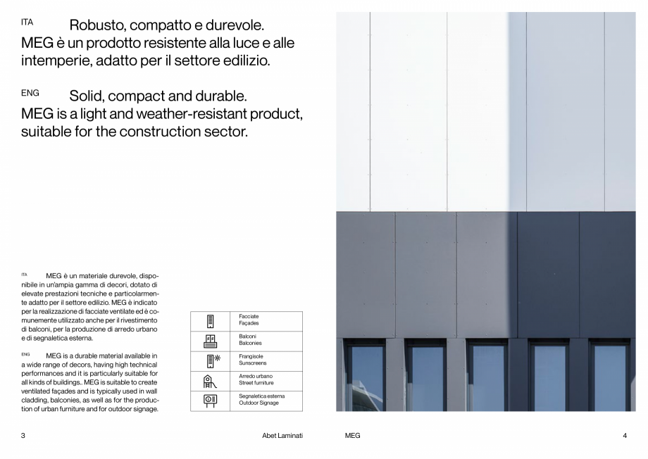Pagina 3-PLACI HPL FATADA MEG Abet Laminati ABET LAMINATI Catalog, brosura Engleza, Italiana . MEG è...