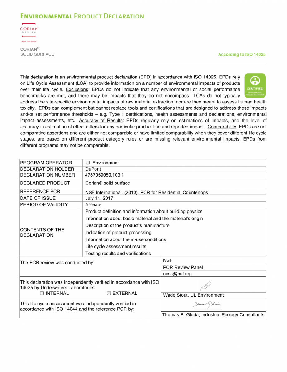 Pagina 2 - Declaratie de mediu pentru placi minerale pentru interioare CORIAN® Solid Surface ...