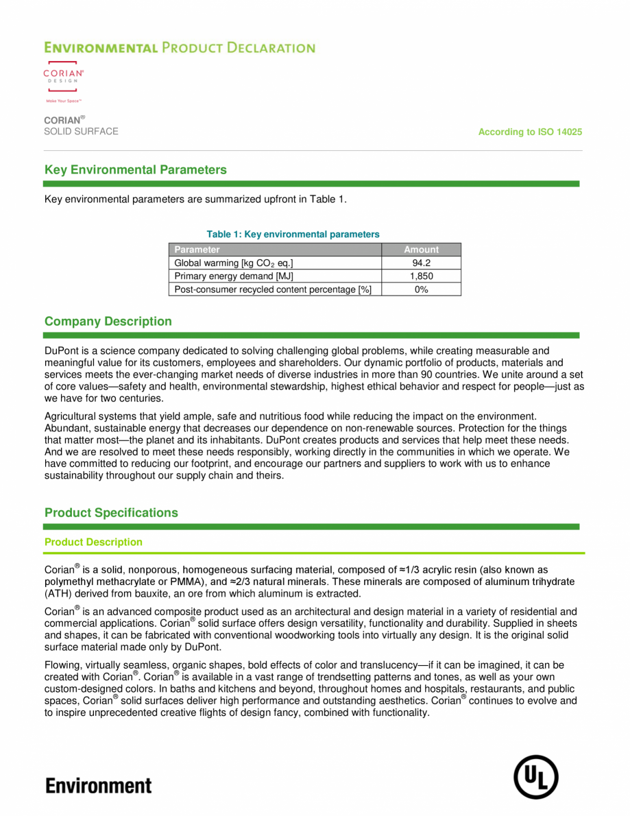 Pagina 3-Declaratie de mediu pentru placi minerale pentru interioare CORIAN® Solid Surface  CORIAN®...