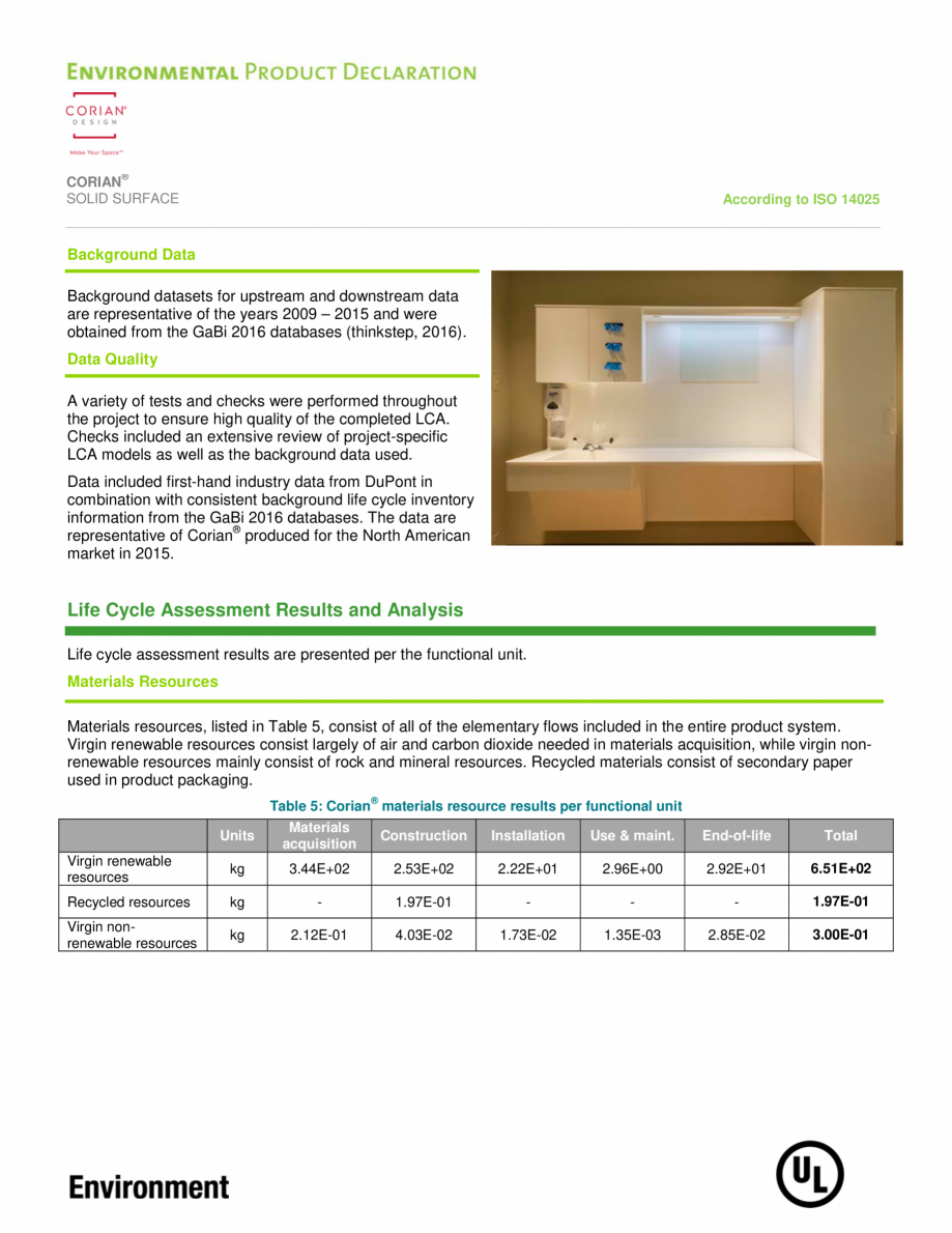Pagina 9-Declaratie de mediu pentru placi minerale pentru interioare CORIAN® Solid Surface  CORIAN®...