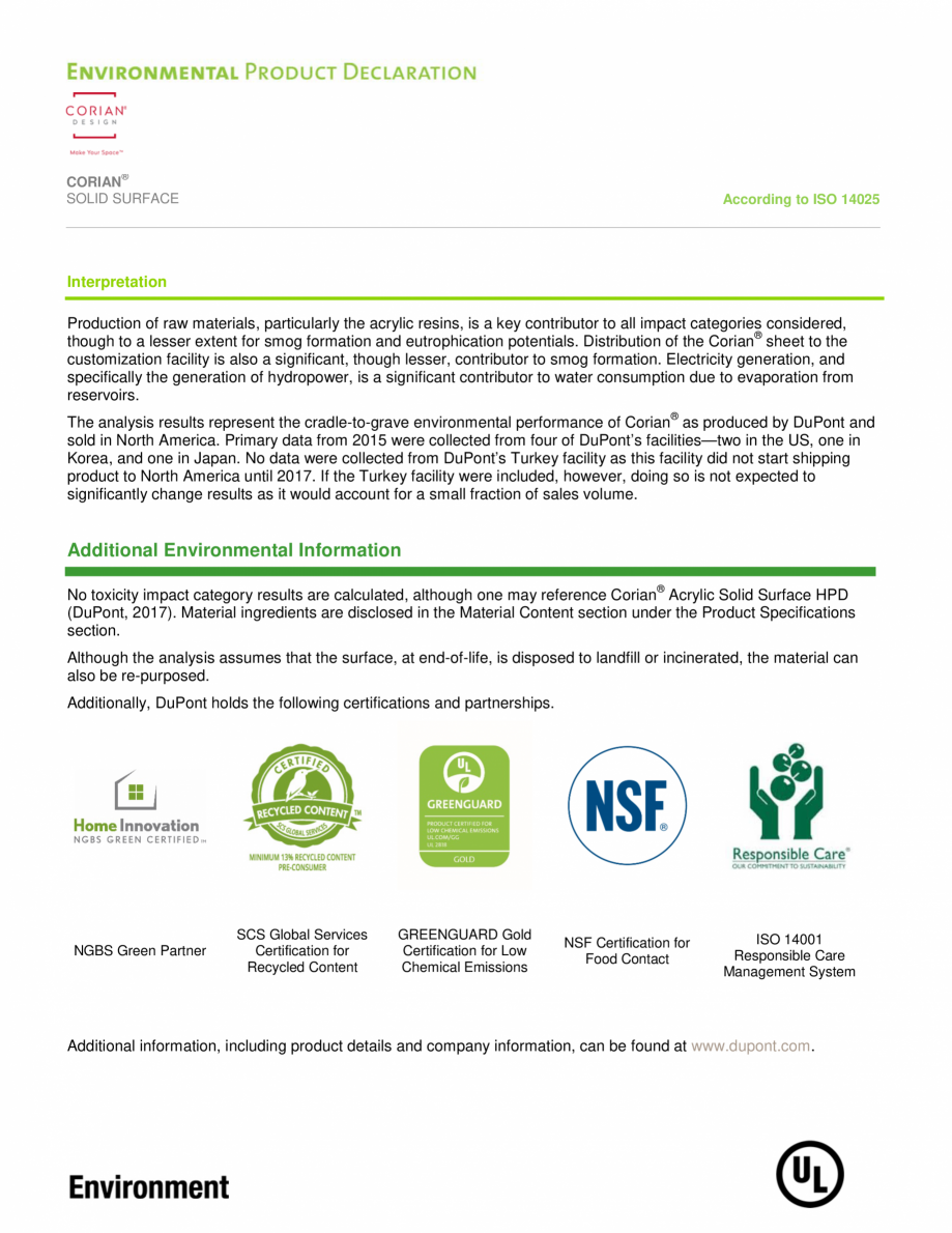 Pagina 12-Declaratie de mediu pentru placi minerale pentru interioare CORIAN® Solid Surface  CORIAN®...