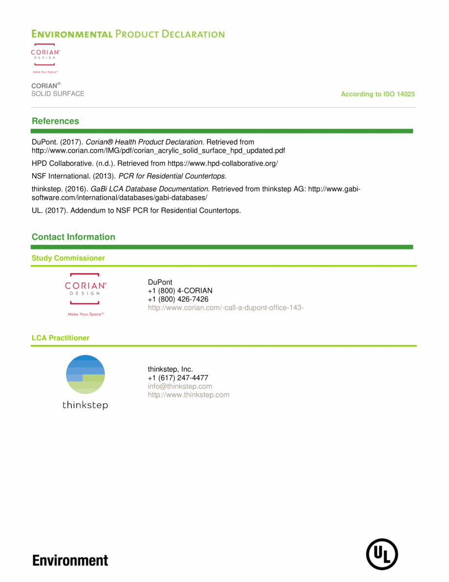 Pagina 13-Declaratie de mediu pentru placi minerale pentru interioare CORIAN® Solid Surface  CORIAN®...