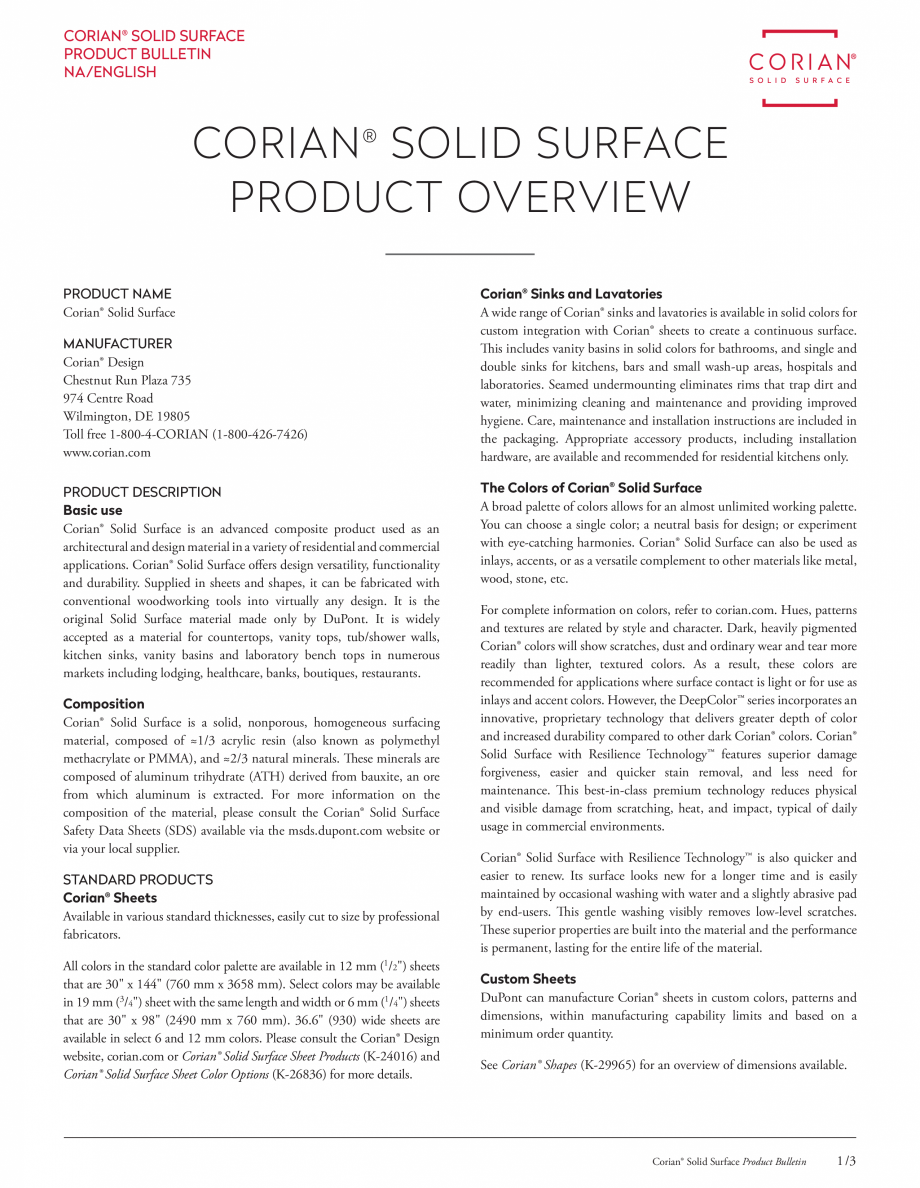Pagina 1 - Date tehnice pentru placi minerale pentru interioare CORIAN® Solid Surface ...