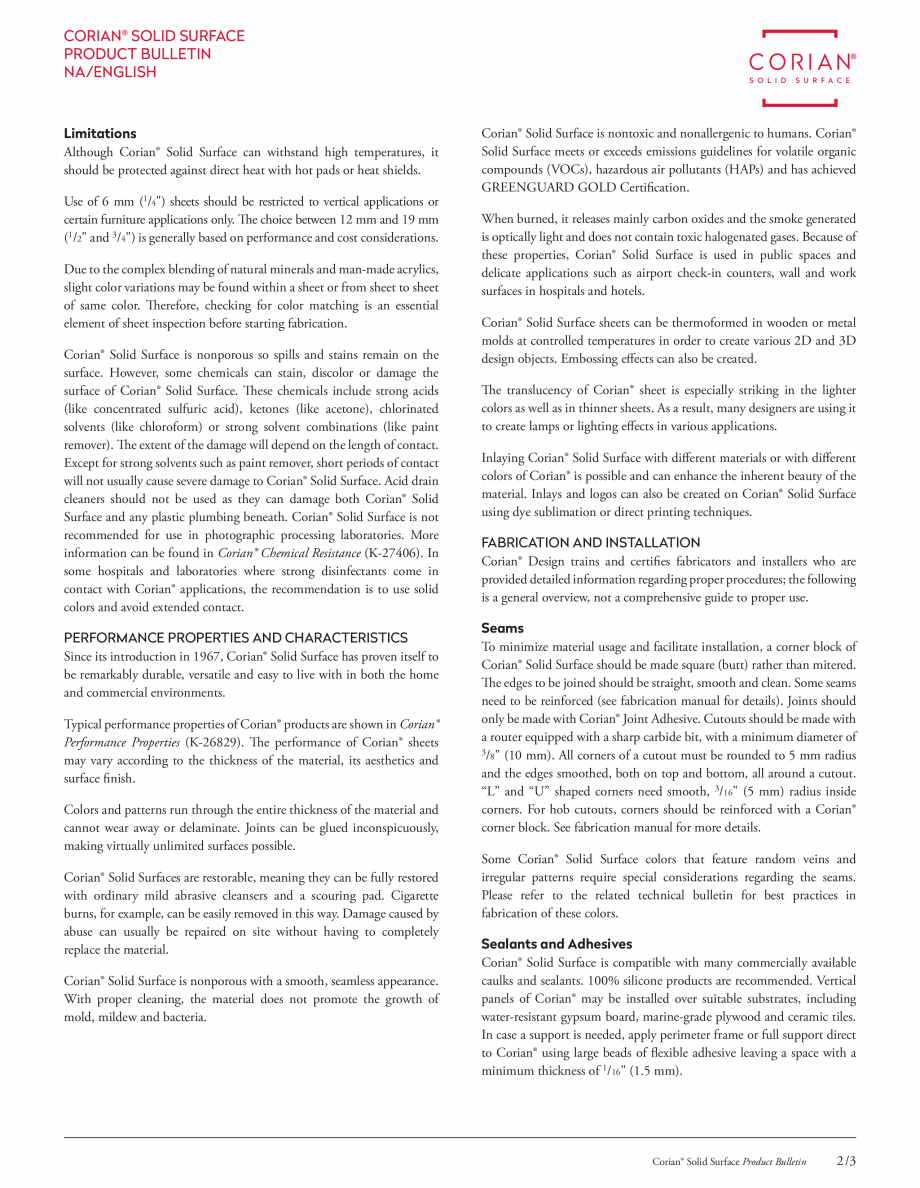 Pagina 2 - Date tehnice pentru placi minerale pentru interioare CORIAN® Solid Surface ...