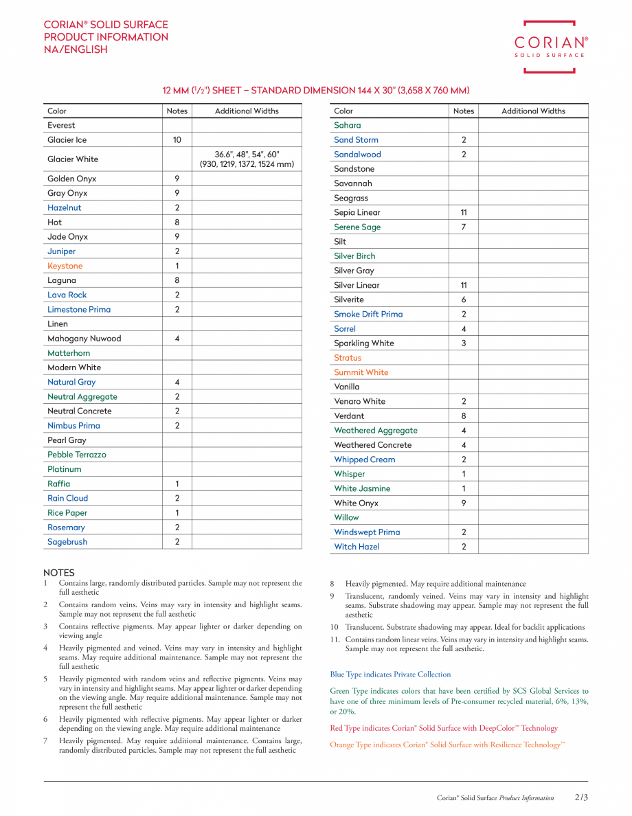 Pagina 2-Optiuni de culori pentru placi minerale pentru interioare CORIAN® Solid Surface  CORIAN®...