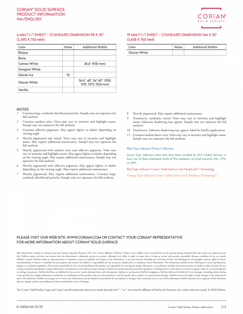 Pagina 3-Optiuni de culori pentru placi minerale pentru interioare CORIAN® Solid Surface  CORIAN®...