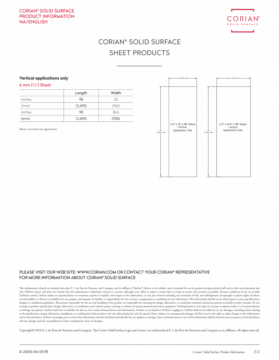 Pagina 2-Dimensiunile disponibile pentru placile minerale pentru interioare CORIAN® Solid Surface ...