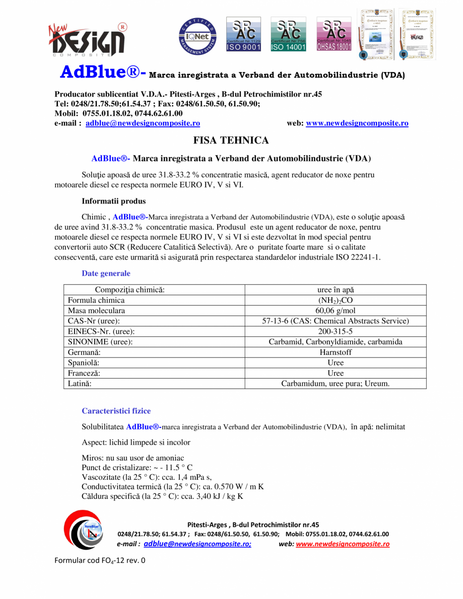 Pagina 1-Solutie lichida pentru reducerea noxelor la motoarele Diesel NEW DESIGN COMPOSITE AdBlue Fisa...