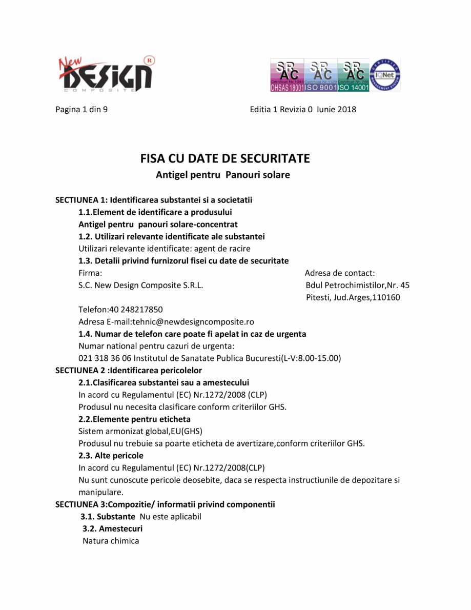 Pagina 1-Fisa cu date de securitate NEW DESIGN COMPOSITE Antigel panouri solare Fisa tehnica Romana Pagina 1 ...