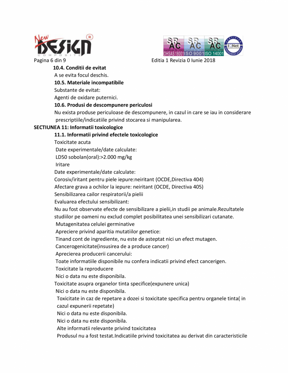 Pagina 6-Fisa cu date de securitate NEW DESIGN COMPOSITE Antigel panouri solare Fisa tehnica Romana nie 2018
...