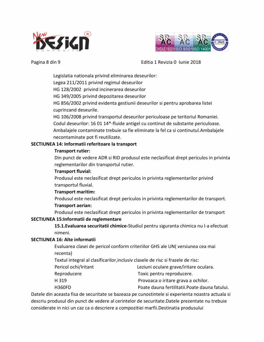 Pagina 8-Fisa cu date de securitate NEW DESIGN COMPOSITE Antigel panouri solare Fisa tehnica Romana e...
