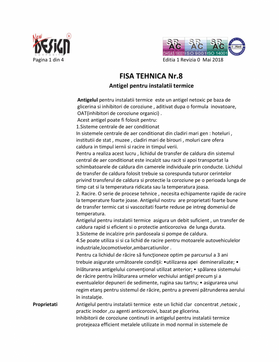 Pagina 1-Fisa cu date de securitate NEW DESIGN COMPOSITE Antigel instalatii termice Fisa tehnica Romana...