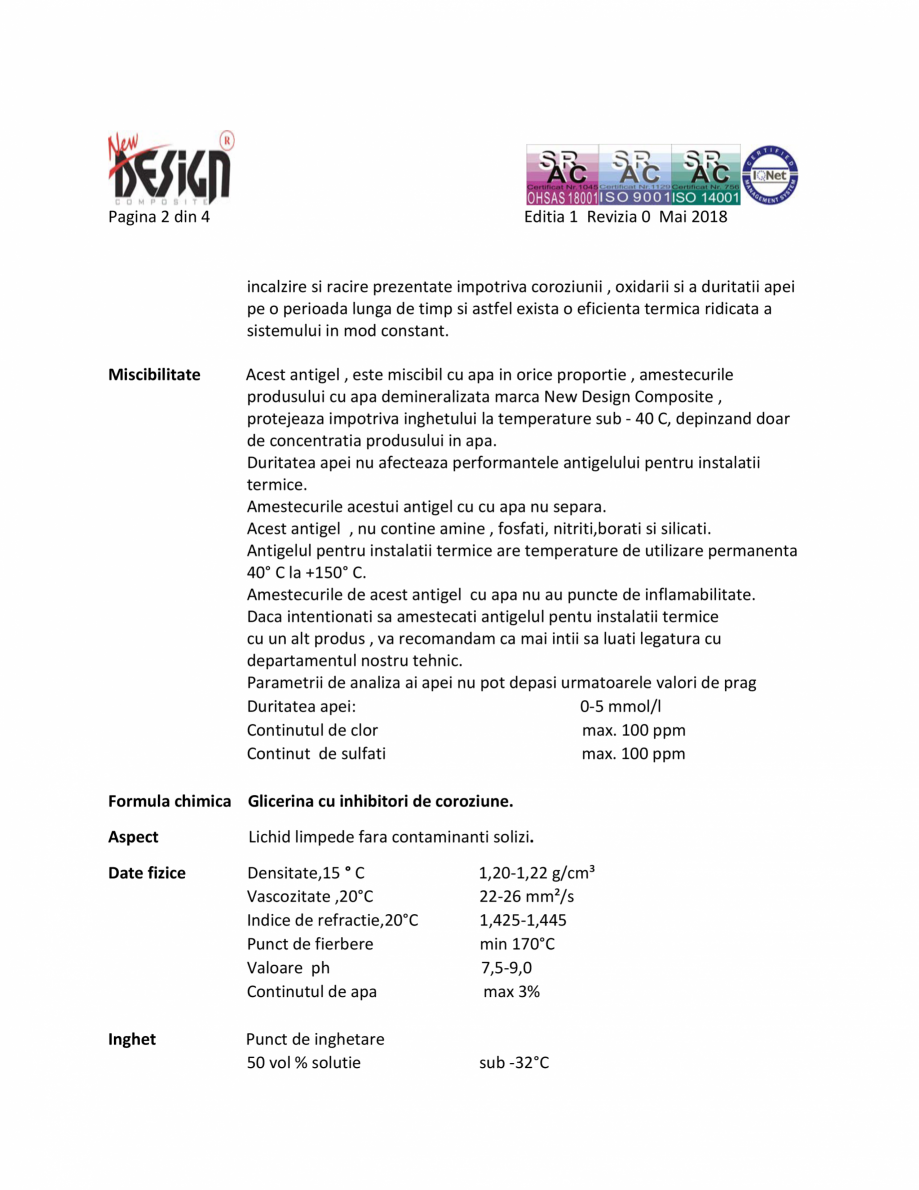 Pagina 2 - Fisa cu date de securitate NEW DESIGN COMPOSITE Antigel instalatii termice Fisa tehnica...