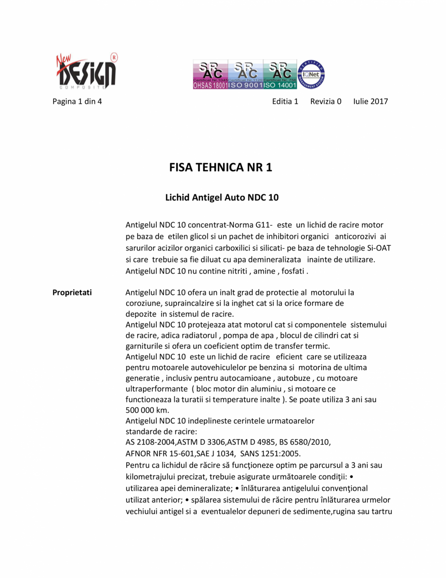 Pagina 1-Antigel auto concentrat NEW DESIGN COMPOSITE NDC 10, norma G11 Fisa tehnica Romana Pagina 1 din 4
...