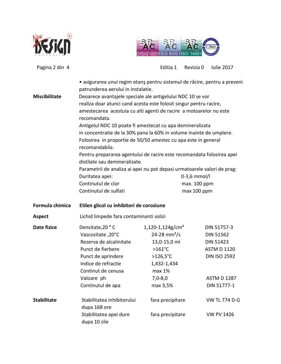 Pagina 2-Antigel auto concentrat NEW DESIGN COMPOSITE NDC 10, norma G11 Fisa tehnica Romana tocamioane ,...