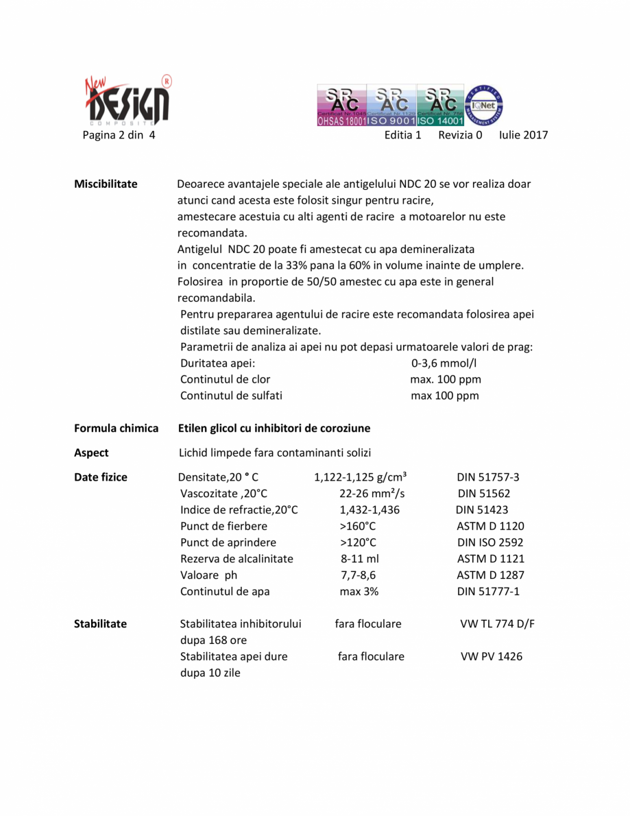 Pagina 2-Antigel auto concentrat NEW DESIGN COMPOSITE NDC 20, norma G12+ Long Life Fisa tehnica Romana...