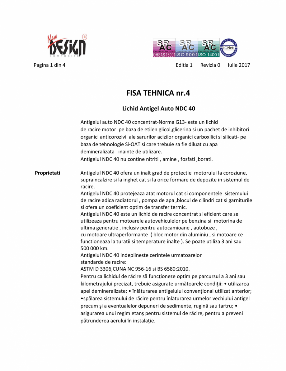 Pagina 1-Antigel auto concentrat NEW DESIGN COMPOSITE NDC 40, norma G13 Fisa tehnica Romana Pagina 1 din 4
...