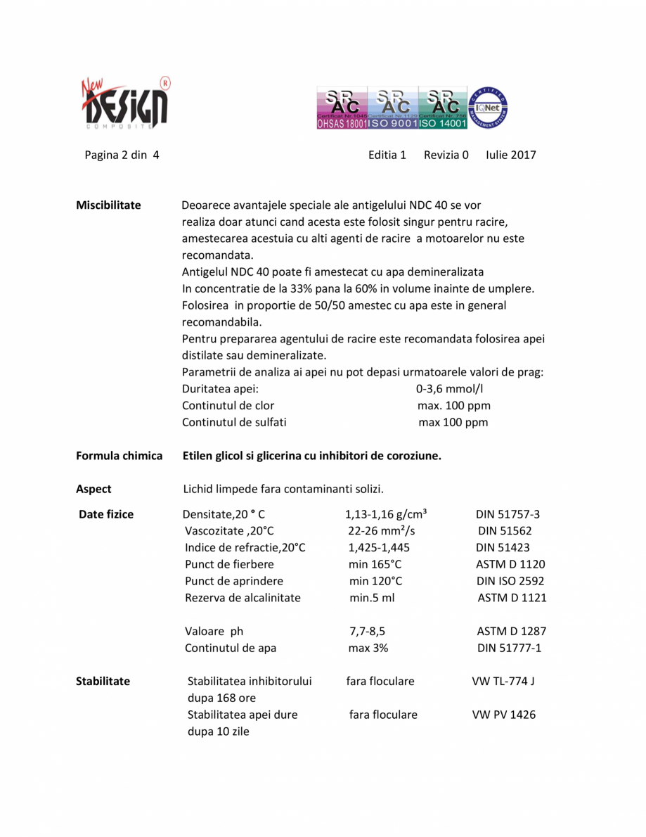 Pagina 2-Antigel auto concentrat NEW DESIGN COMPOSITE NDC 40, norma G13 Fisa tehnica Romana a generatie ,...