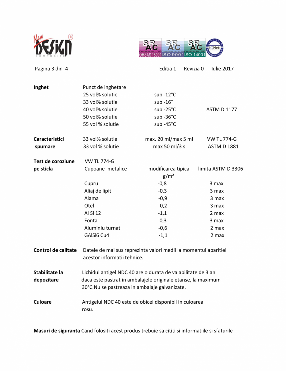 Pagina 3-Antigel auto concentrat NEW DESIGN COMPOSITE NDC 40, norma G13 Fisa tehnica Romana este folosit...