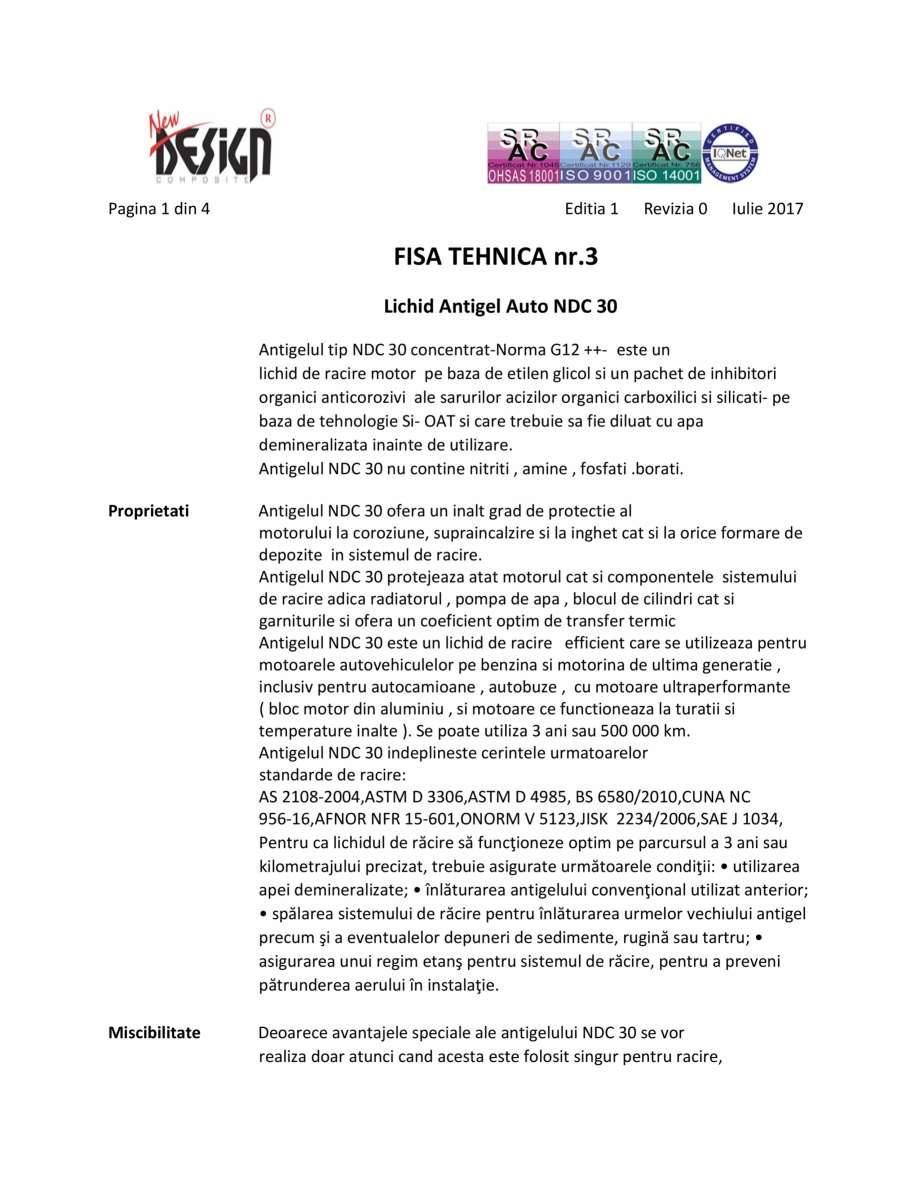 Pagina 1-Antigel auto concentrat NEW DESIGN COMPOSITE NDC 30, norma G12++ Fisa tehnica Romana Pagina 1 din 4
...