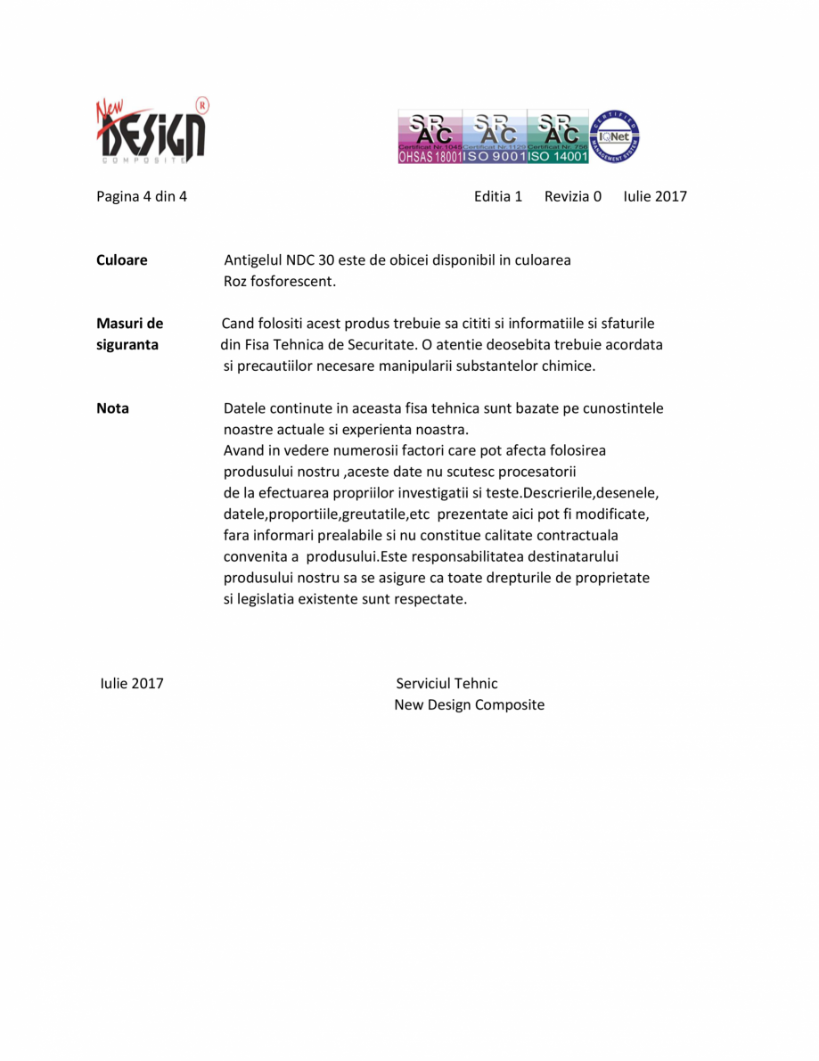 Pagina 4-Antigel auto concentrat NEW DESIGN COMPOSITE NDC 30, norma G12++ Fisa tehnica Romana DIN ISO 2592
...