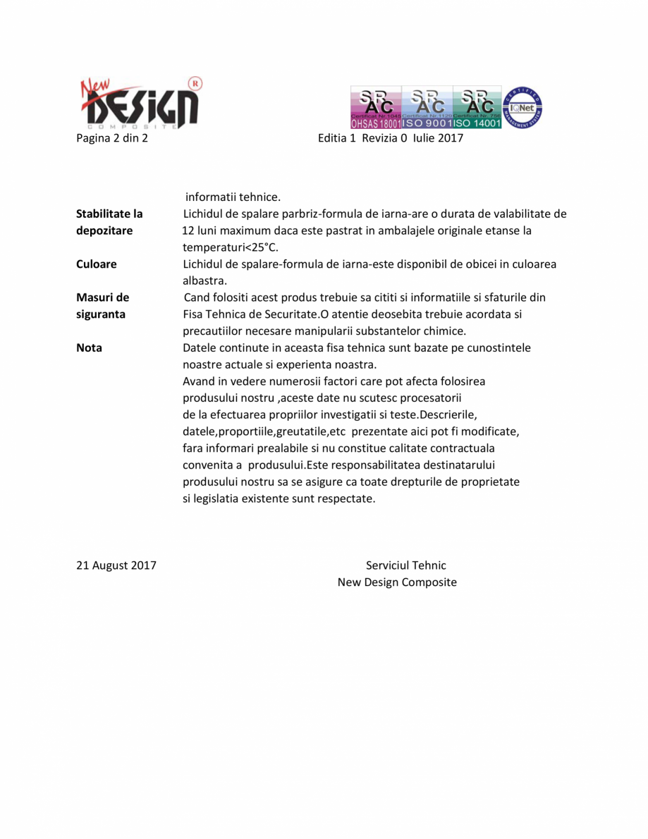 Pagina 2-Detalii tehnice NEW DESIGN COMPOSITE Lichid parbriz -30 grade Fisa tehnica Romana ci,glicerina...