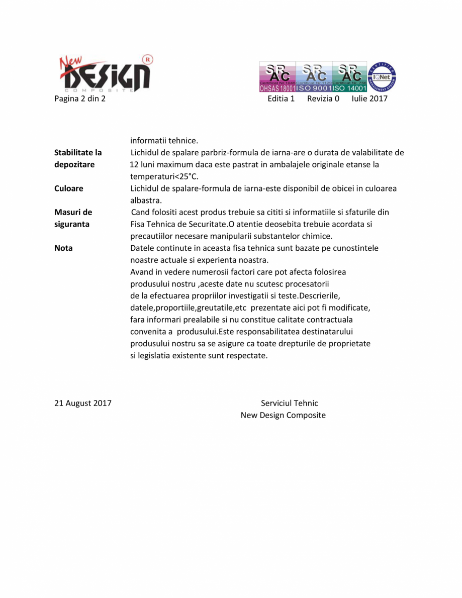 Pagina 2-Detalii tehnice NEW DESIGN COMPOSITE Lichid parbriz -20 grade Fisa tehnica Romana tici,glicerina...